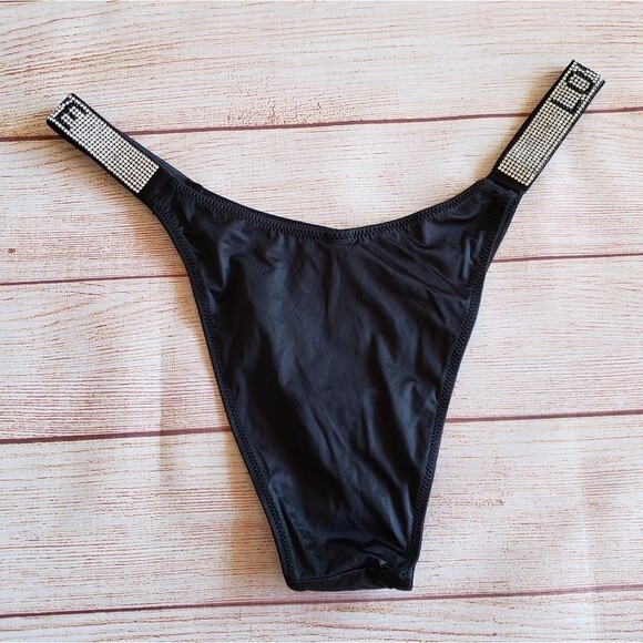 Victoria's Secret "LOVE" Rhinestone Shine Strap Brazilian Panty Black Medium - Picture 4 of 7